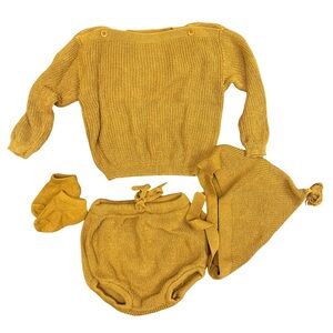 Cozy Knit Kids Matching Set in Mustard – Sweater, Bloomers & Bonnet